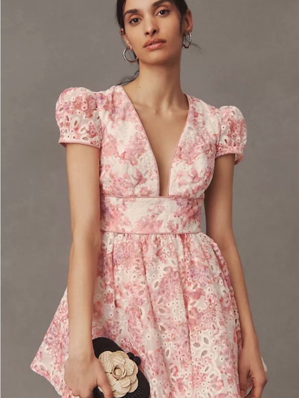 Bardot Floral Pink Puff-Sleeve V-Neck Mini Dress